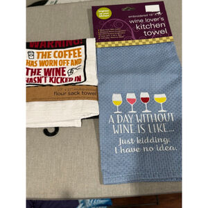 Set of 2 Chris's Stuff Kitchen Linens White Blue Wine Lover kitchen decor Towels